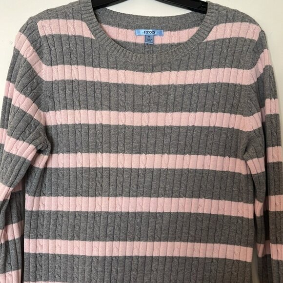 💗 Izod Women’s Gray & Pink Striped Cable Knit Sweater | Size M 💗 - Picture 5 of 10